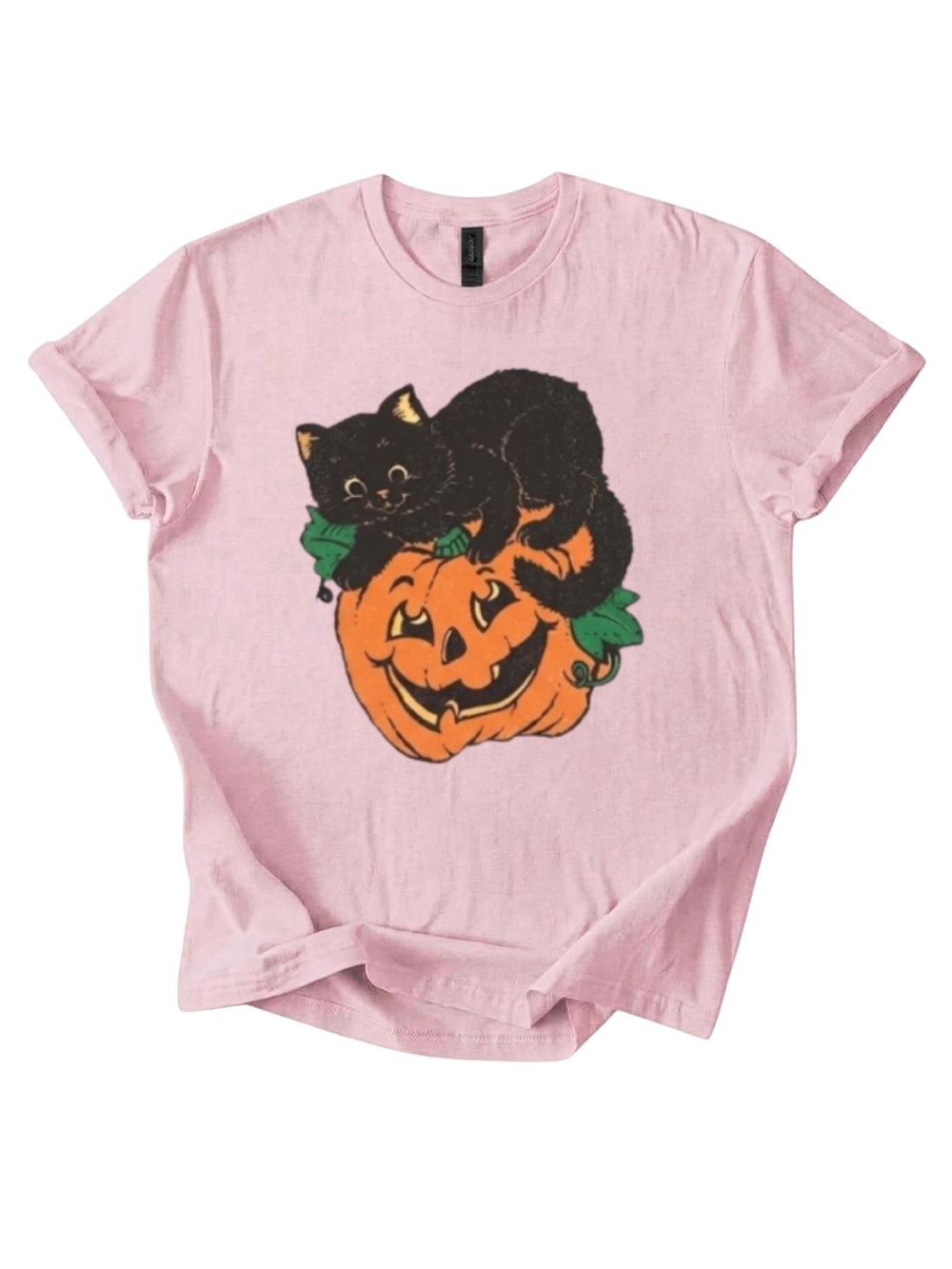 Gildan Pink Cat & Pumpkin Graphic Tee for Cats Lovers - Cute Halloween Shirt